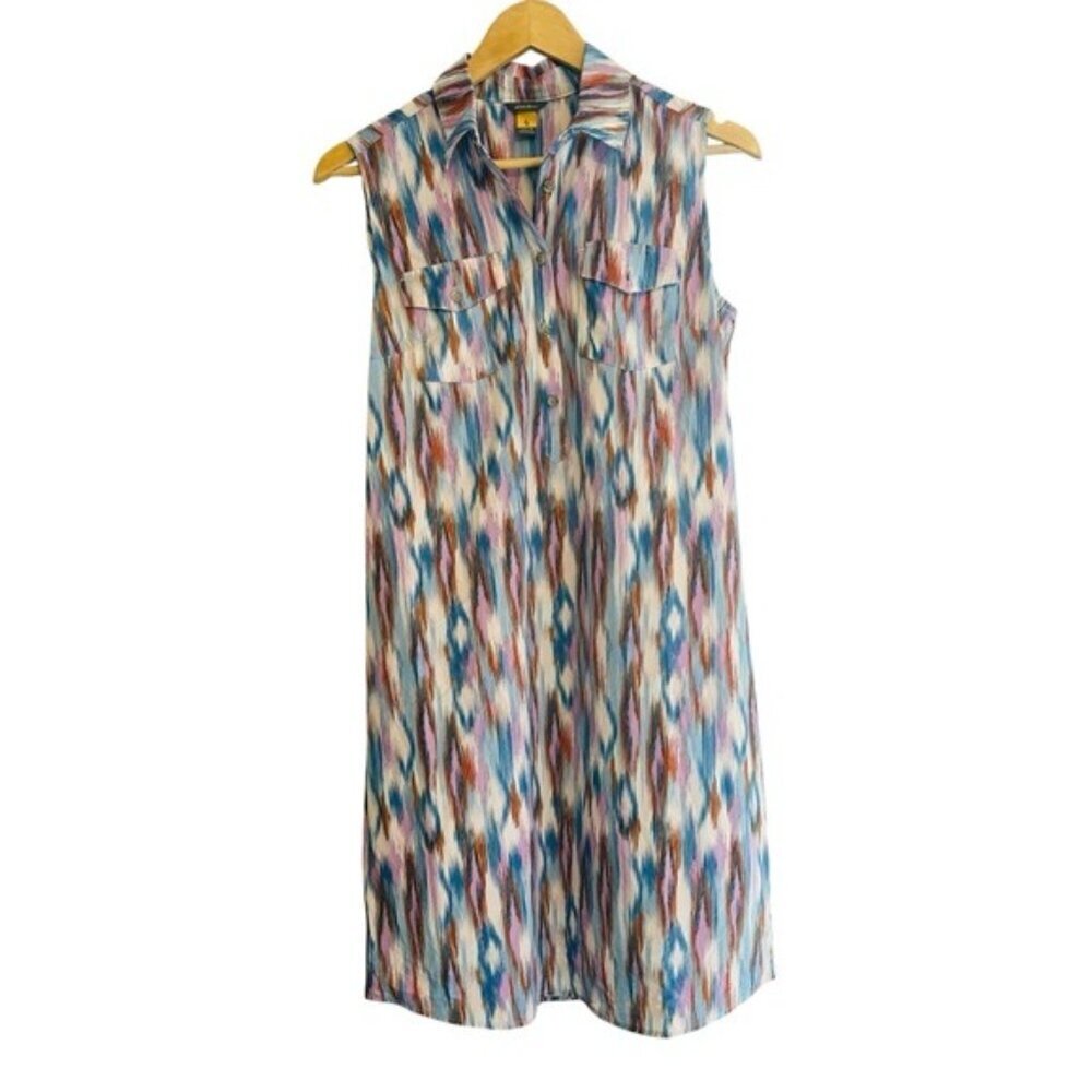 Eddie Bauer Blue IKAT Sleeveless Shirt Dress Small Boho Travel Summer Style